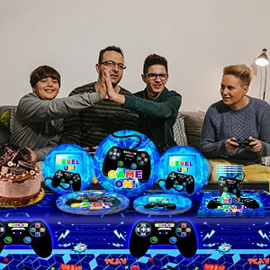Gamer Birthday Decorations Blue, 65pcs Gaming Party Tableware Set - Game Themed Party Plate Cups Napkins Tablecloth etc