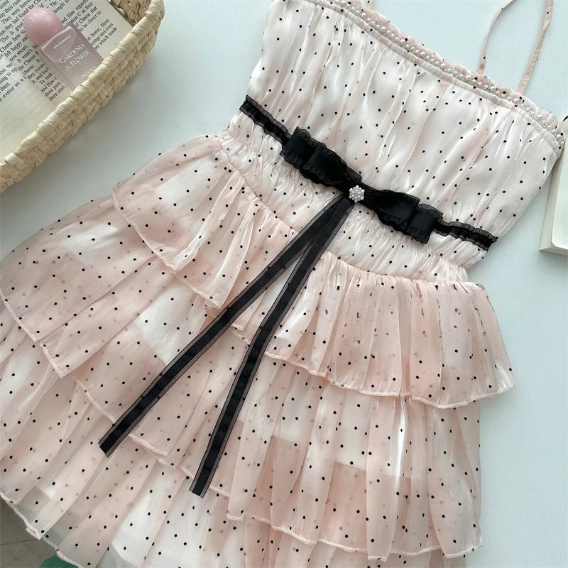 Japanese Elegant Sweet Original Design Evening Dress Women Dot Bow Strapless Pleated Party Dress Princess Casual Cute Clothing
