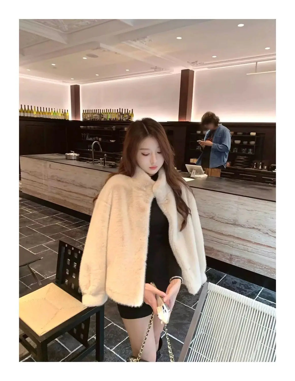 Spring Autumn Lady Short Leather Fur Outwear 2024 Women Fashion Stand Collar Mink Fur Top Female Long Sleeves Fox Jacket