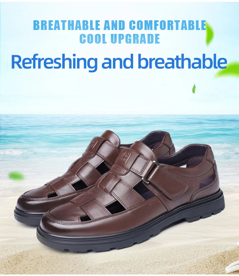 LAORENTOU leather sandals, men's breathable hollow hole shoes, toe wrapped cowhide, anti slip and wear-resistant casual  shoes