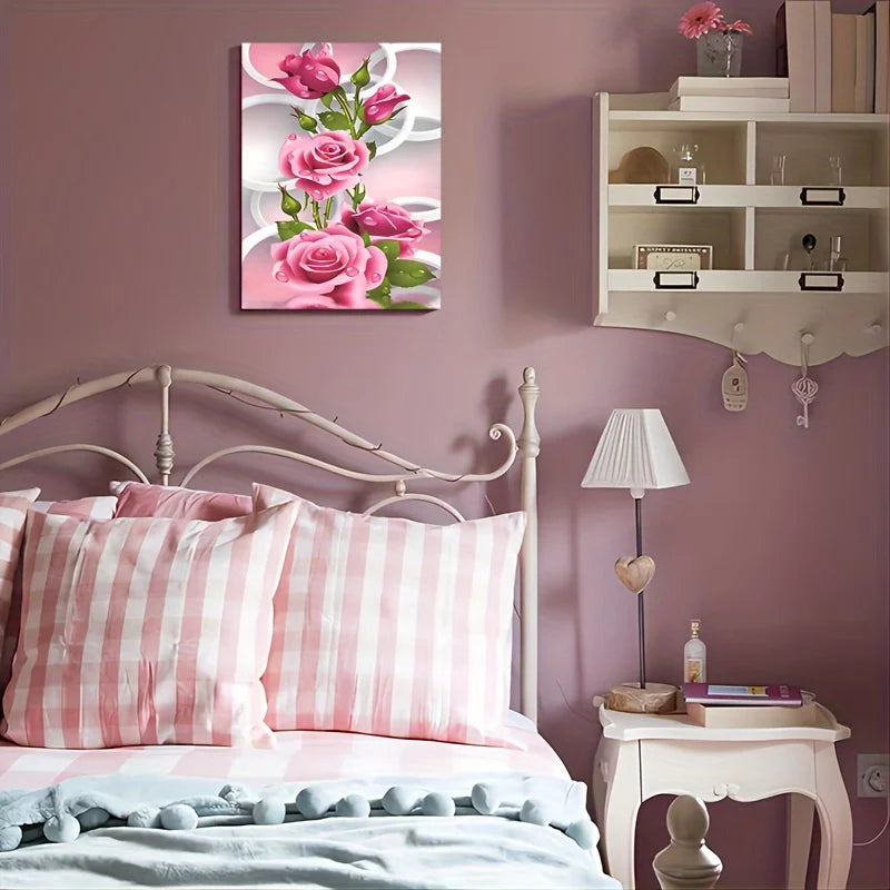 1 Wooden Framed Canvas Painting Water Drops on Pink Roses Living Room & Bedroom Home Decor Holiday Gifts