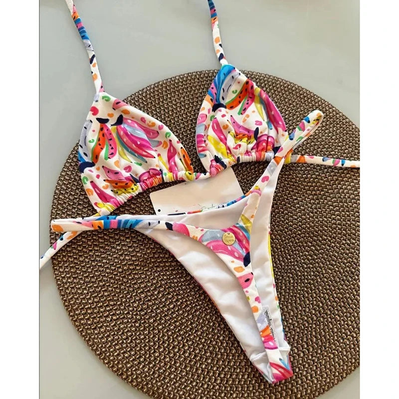 Sexy Bikini Set Bathing Suit Women Vintage Print Halter Lace-up Thongs Bikini Push Up Y2k Fashion Chic Beach Style Sexy Swimsuit