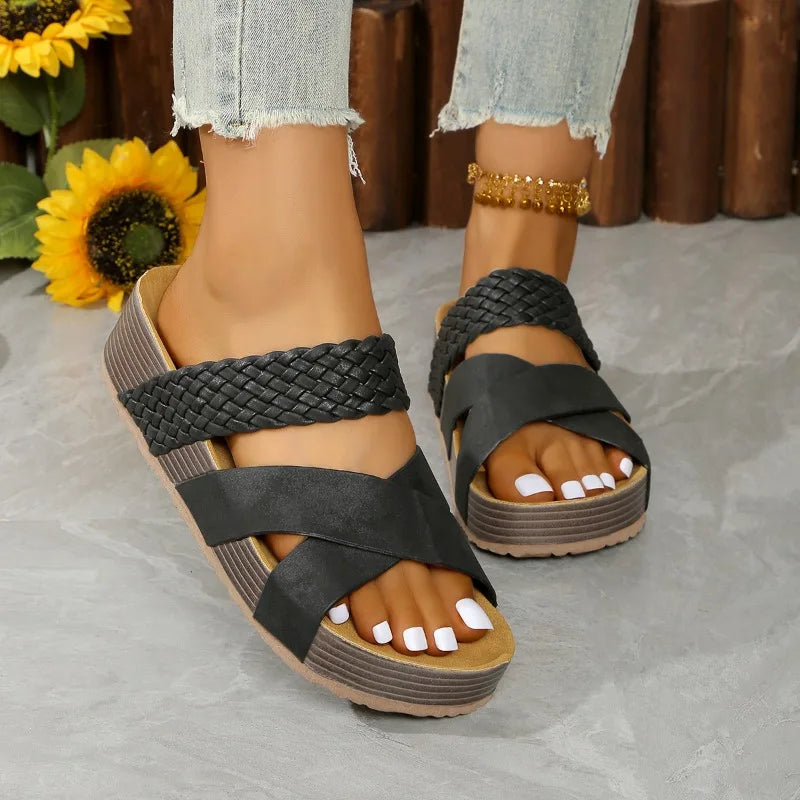 Fashion Thick Sole Cork Sandals Women Summer 2025 Thick Sole Women Slippers Casual Cross Comfort Outdoor Beach Women Sandals