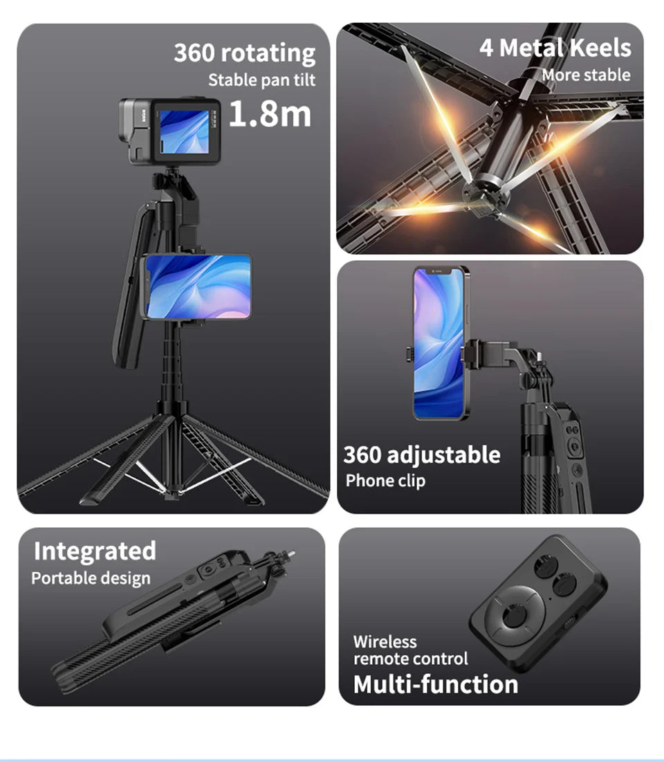 COOL DIER 2025 NEW Gimbal Stabilizer Wireless Selfie Stick Foldable Tripod Holder With Bluetooth Shutter Monopod For IOS Android