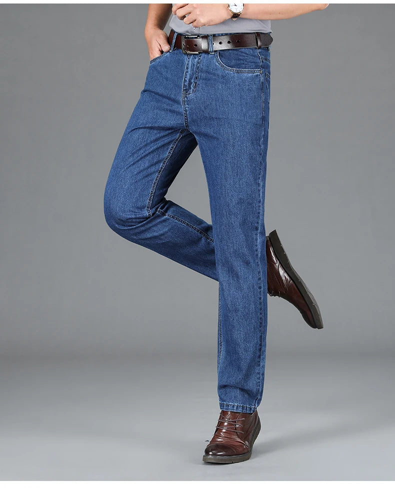 100% Cotton Men's Brand Thin Business Jeans Straight Slim Classic Male Trousers Fashion Casual Breathable Summer Denim Pants