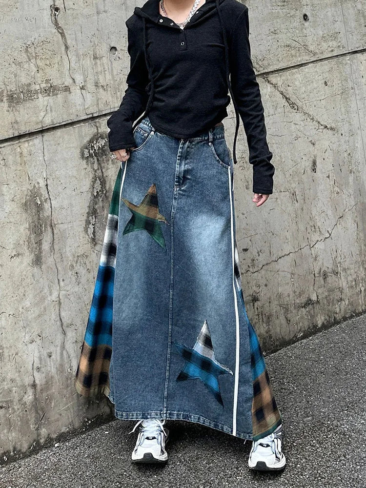 [EAM] High Elastic Waist Blue Back Plaid Denim Long A-line Half-body Skirt Women Fashion Tide New Spring Autumn 2025 1DH8117