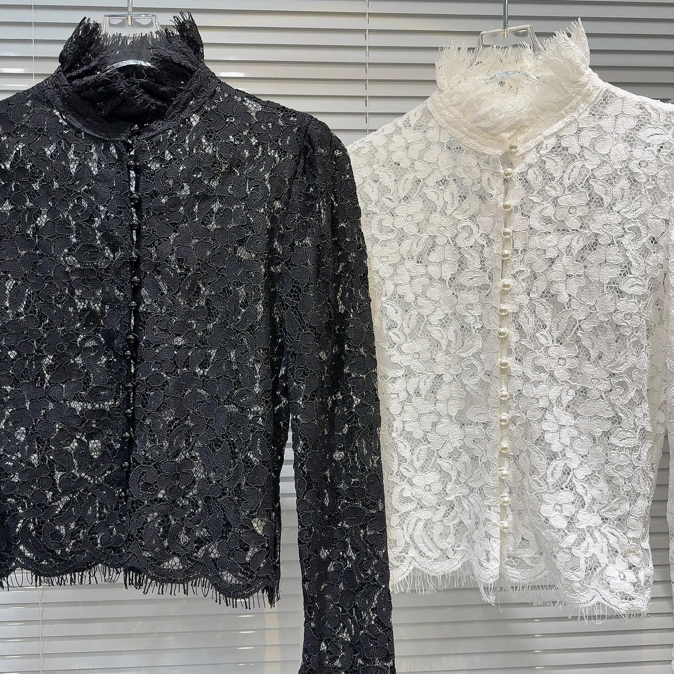 KTCZ Solid Spliced Lace Hollow Out Blouse For Women Long Sleeve Single Breasted Patchwork Print Minimalist Chic Blouse Female