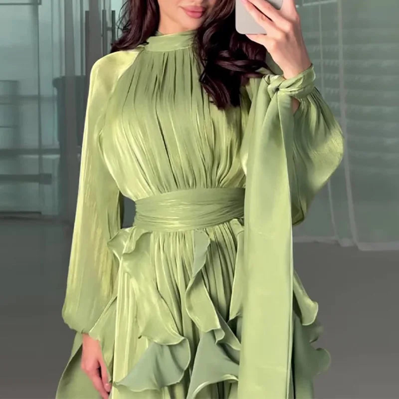 Fashion High Waist Pleat Party Dress Lady Casual High Collar Layered Banquet Dress Elegant Long Sleeve Solid Color Evening Dress