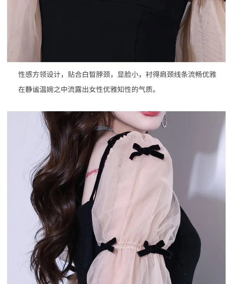 Flare Sleeve Evening Dress for Women Black Elegant Bow Mesh Patchwork Luxury Temperament Famous Lady Aesthetic Платье Женское