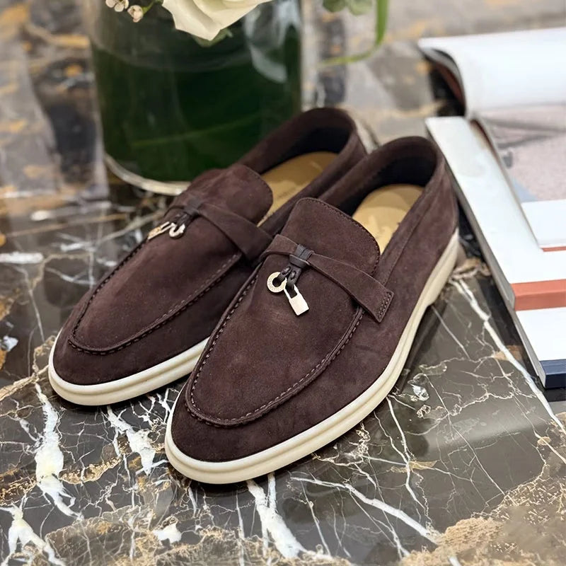 Summer Walk Genuine Leather Casual Slip-On Loers Women's Faion Single oes Comfortable round Toe Flat Heel All-Match Color