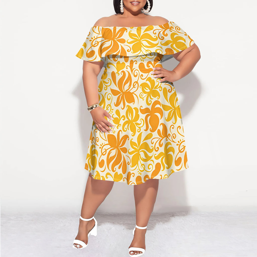 Plus Size Off Shoulder Ruffle Hem Dress Summer Yellow Abstract Floral Print Casual Holiday Look