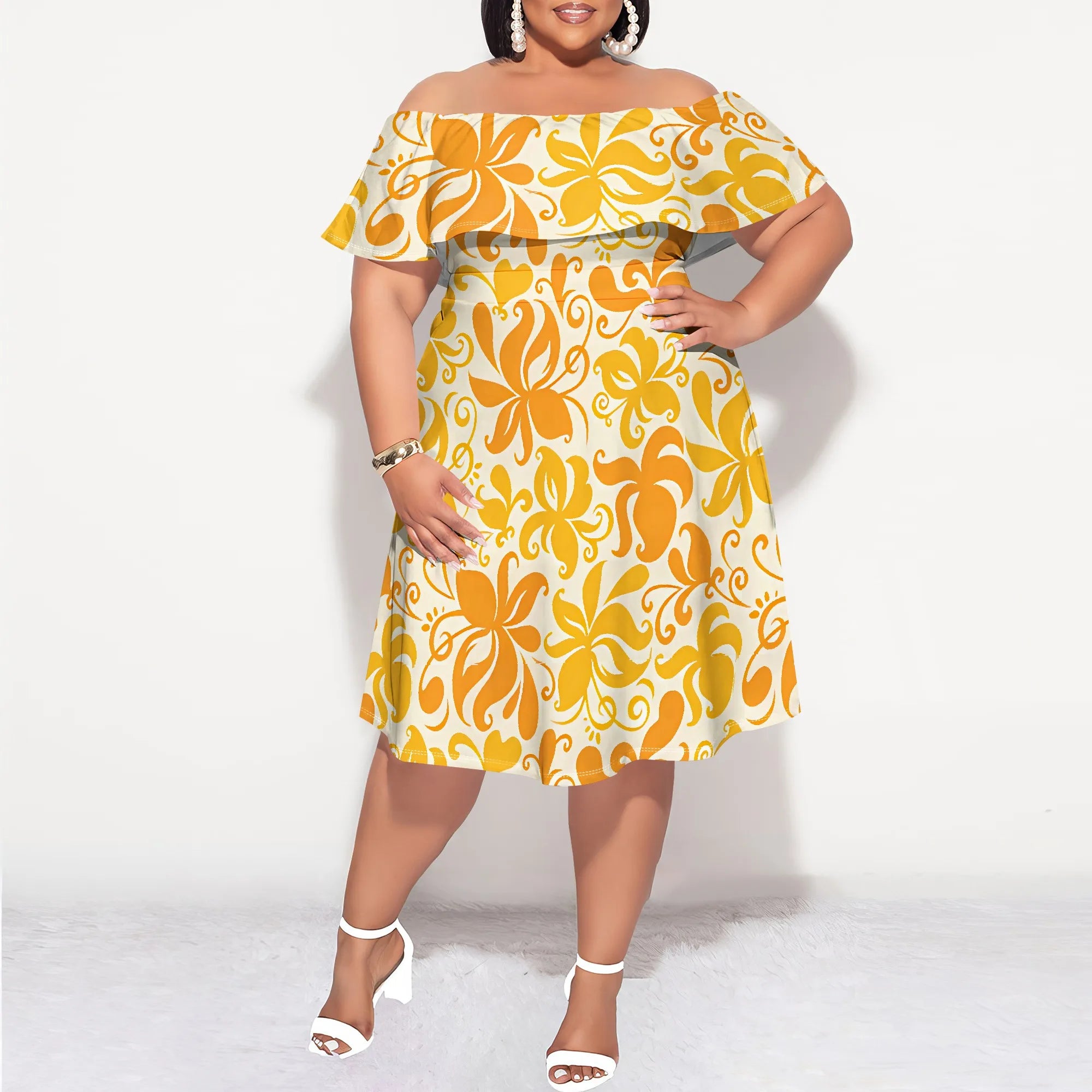 Plus Size Off Shoulder Ruffle Hem Dress Summer Yellow Abstract Floral Print Casual Holiday Look