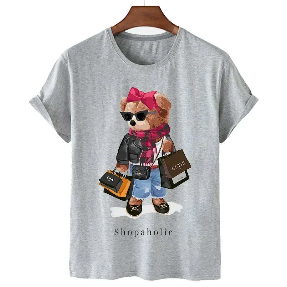 Shopaholic Bear Funny Cute Top Camisetas Black Ladies T-Shirts Aesthetics Graphic White Short Sleeve Polyester Women's T-shirt