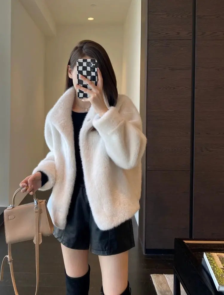 Spring Autumn Lady Short Leather Fur Outwear 2024 Women Fashion Stand Collar Mink Fur Top Female Long Sleeves Fox Jacket