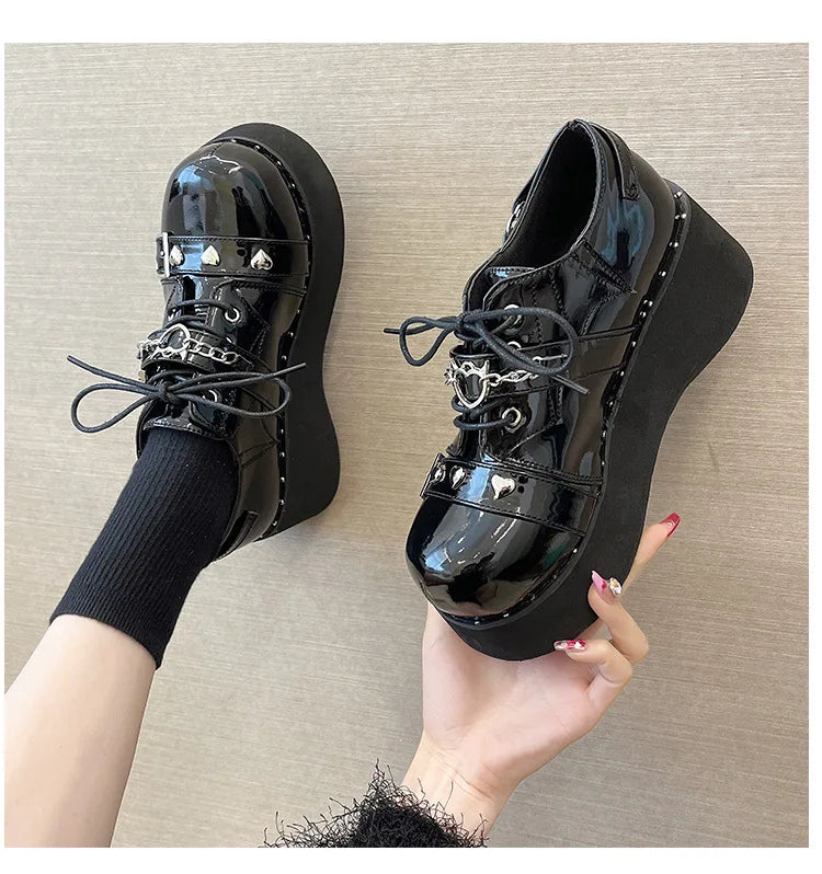 Punk Style Shoes Woman Platform Heel Metal Rivet Dark Bat Fashion Trendy Women Wedge Bottom Burgundy School Student Shoes