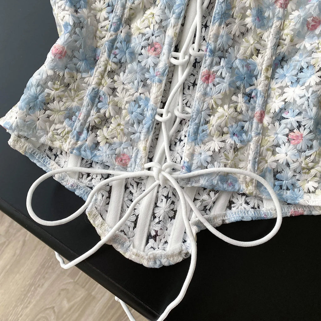 SINGREINY INS Strapless 3D Floral Camisole 2025 Summer Corset Slim Backless Tank Top Sheer Lace Up Holiday Sexy Embroidery Top