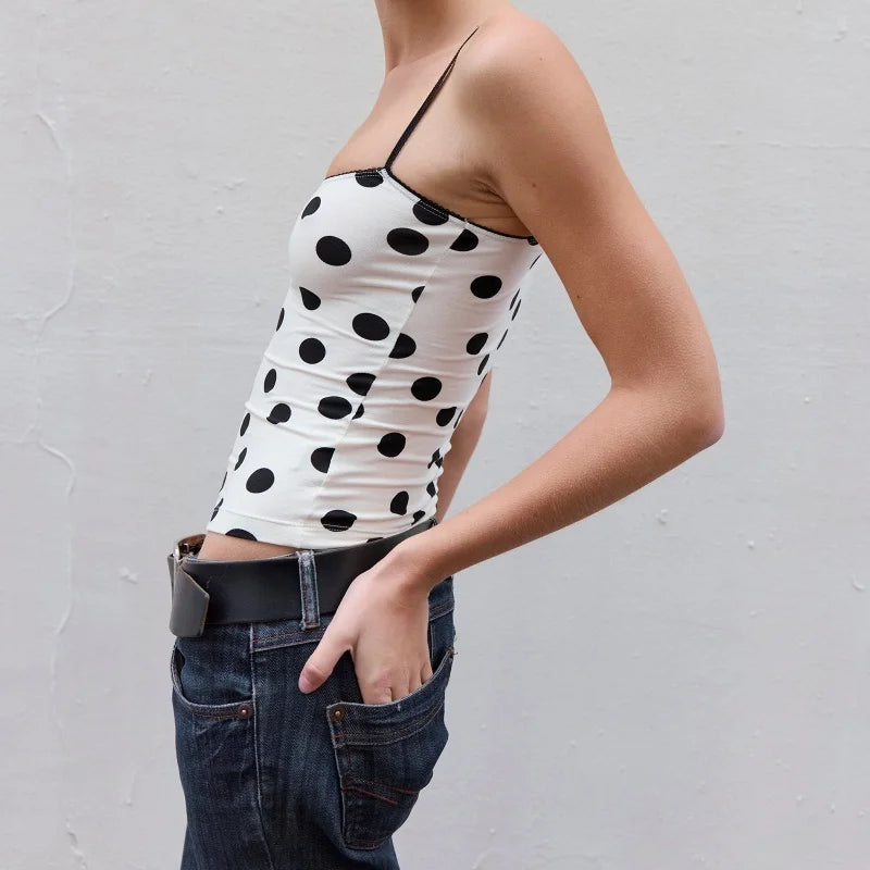 Xingqing y2k Crop Top Women Summer Polka Dot Print Lace Trim Square Collar Spaghetti Strap Sleeveless Camisole Vest Streetwear