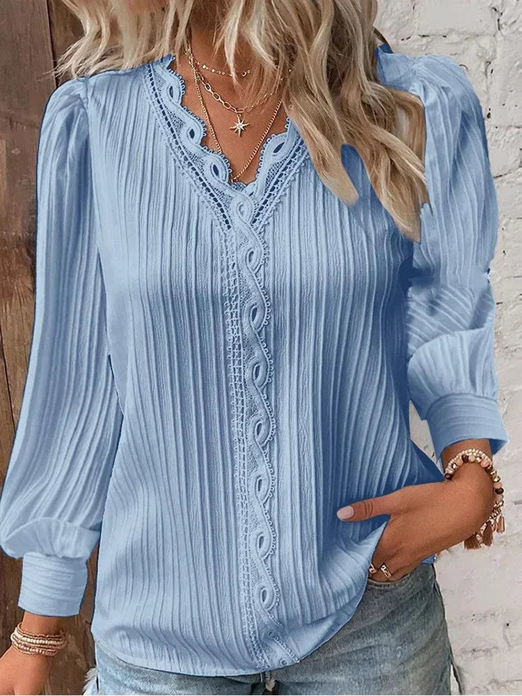 Stitching V-neck Long Sleeve Women's Pullover Chiffon Shirt Lace Stitching Shirt Loose Fall Top Simple Elegant Street Blouse
