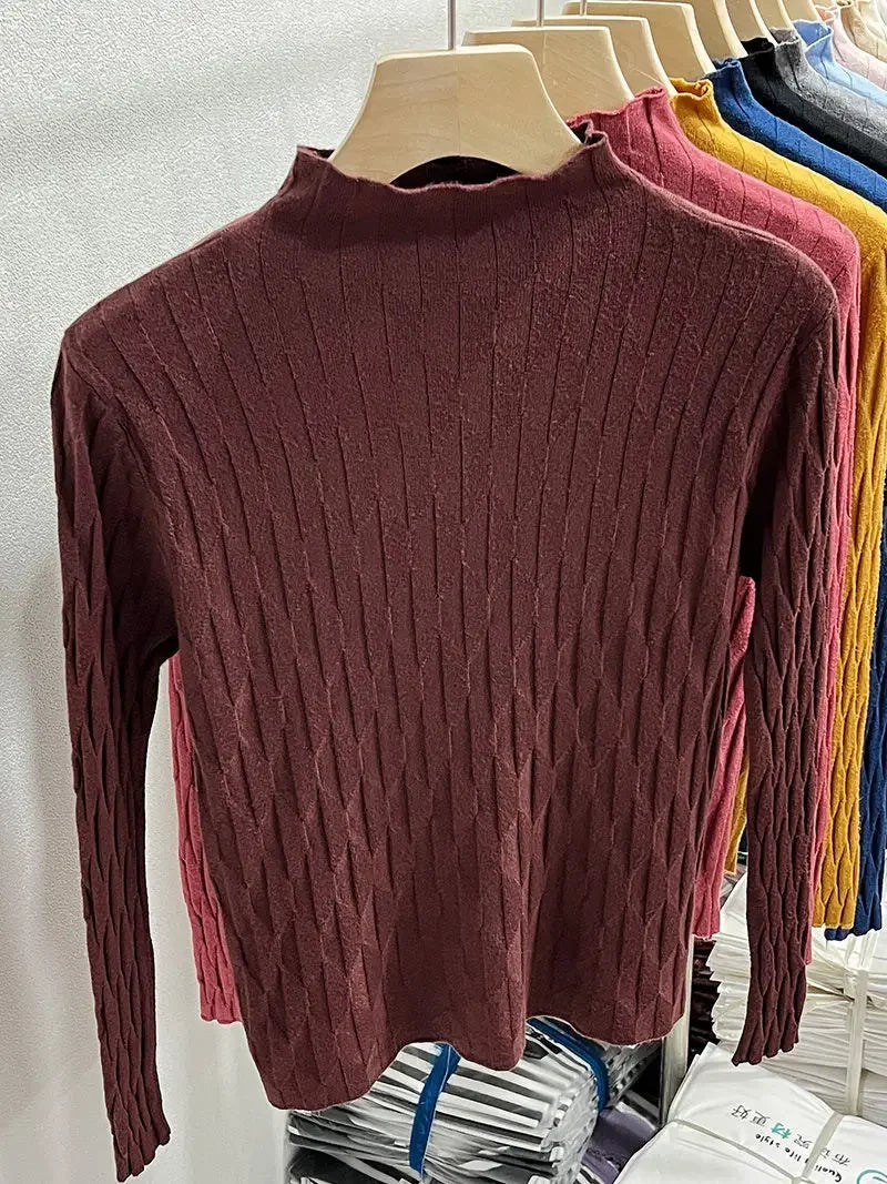 2025 Slim Fit Knitted Base Pullovers Autumn Winter Turtleneck Sweater Women's Solid Long Sleeve Casual Ruched Sweater