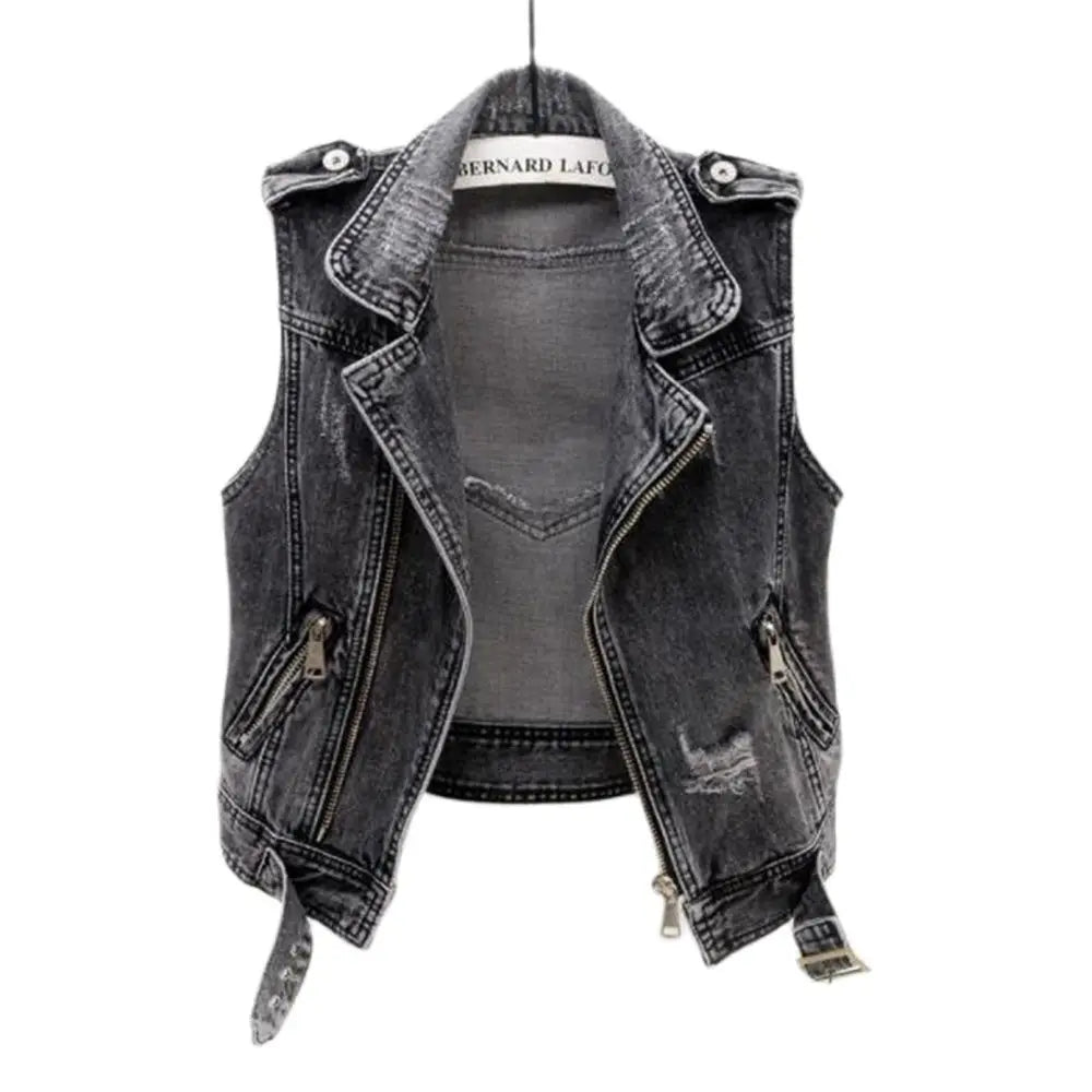 Denim Vest Women Spring Autumn Sleeveless Tops Short Jacket Splicing Outerwear Teens Gray Coat Ripped Loose Casual Waistcoats