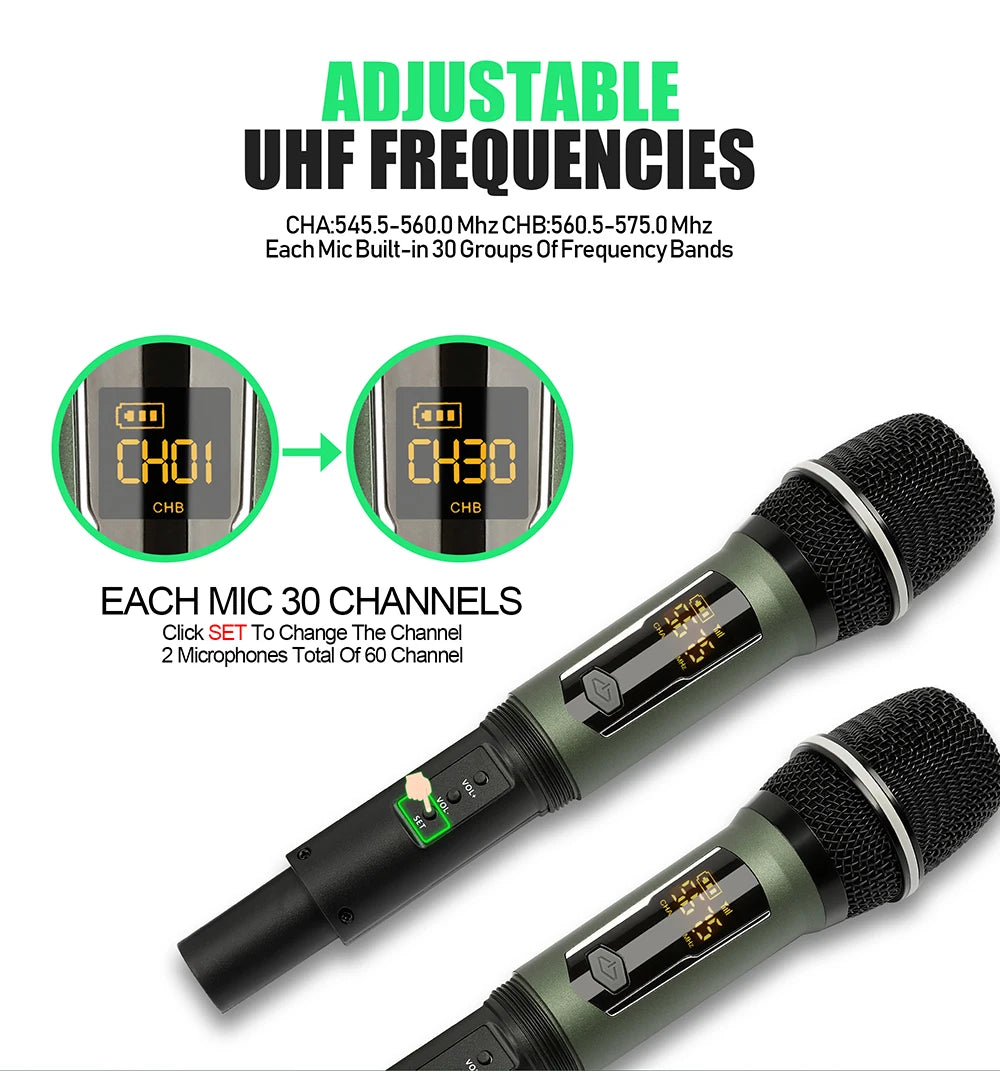 Rechargeable Battery Microphone 2 Channel UHF Wireless Microphone Dual Handheld Dynamic Adjust Frequency For Stage 200ft DL602