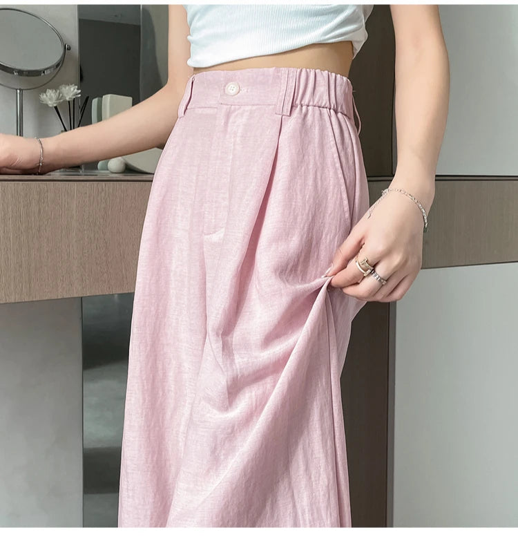 2025 Summer New Cotton and Linen Women's Wide Leg Pants Solid Ice Silk High Waist Straight Casual Loose Suit Trousers Female