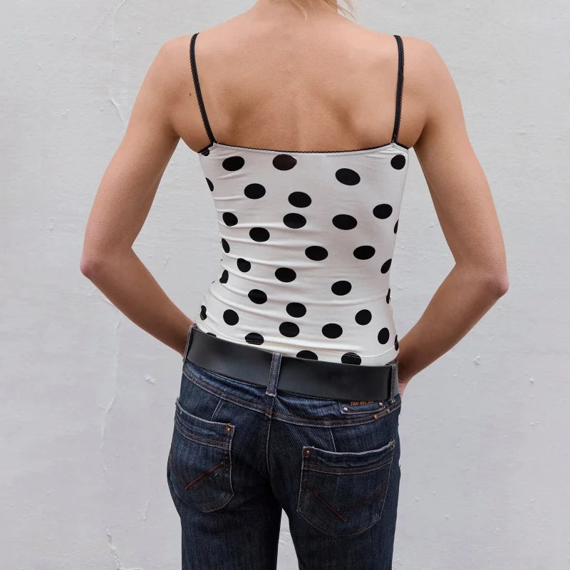 Xingqing y2k Crop Top Women Summer Polka Dot Print Lace Trim Square Collar Spaghetti Strap Sleeveless Camisole Vest Streetwear