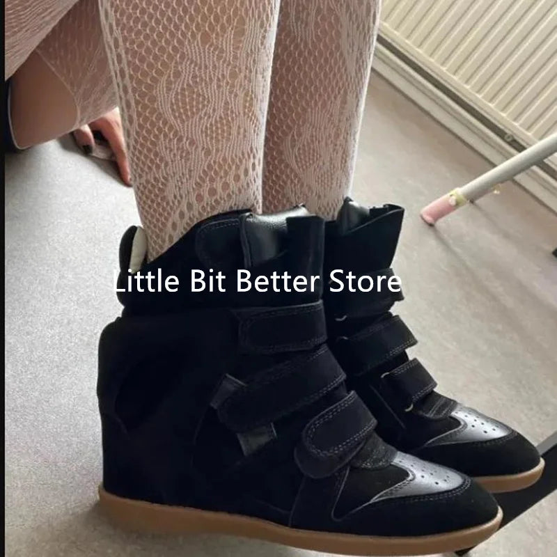 A Genuine Leather Casual Shoes Women's 2026 Summer Breathable Hollow Hidden Wedges Sneakers Hook Loop Trainers High Top