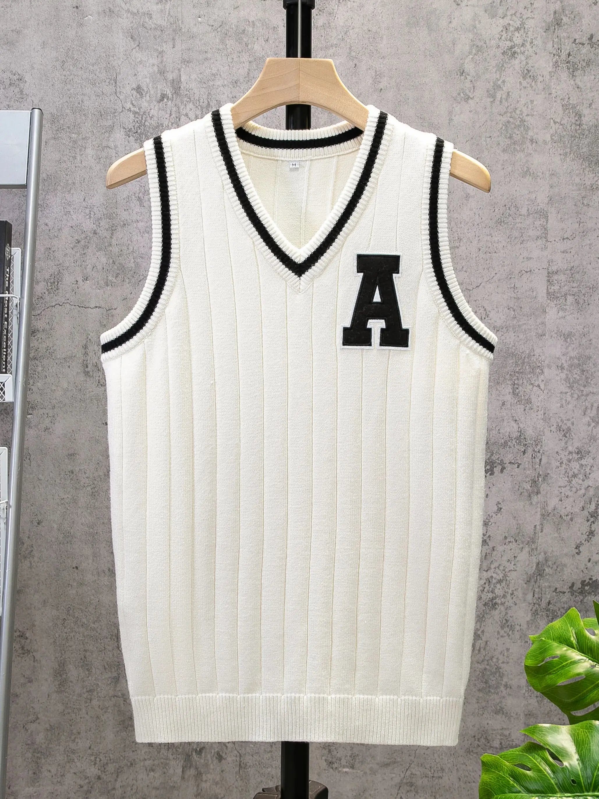 Men's Letter Patched V Neck Sweater Vest, Regular Fit Casual Striped Trim Sleeveless Knitwear, Men's Clothes for Daily Wear