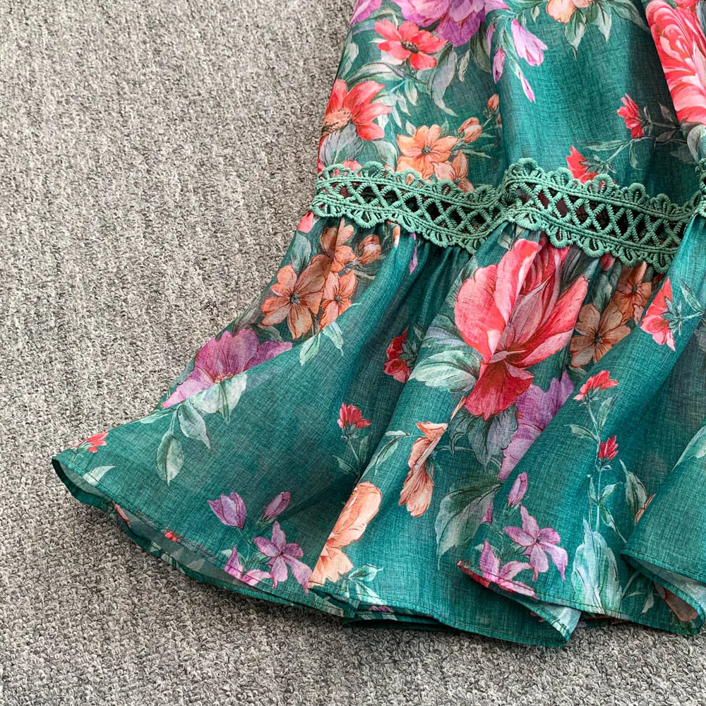 Ele Lace Splice Waist Cinching Long Dr Korean Sle Print Blouse Svel Midi Skirt High Waist A-Line Silhouette