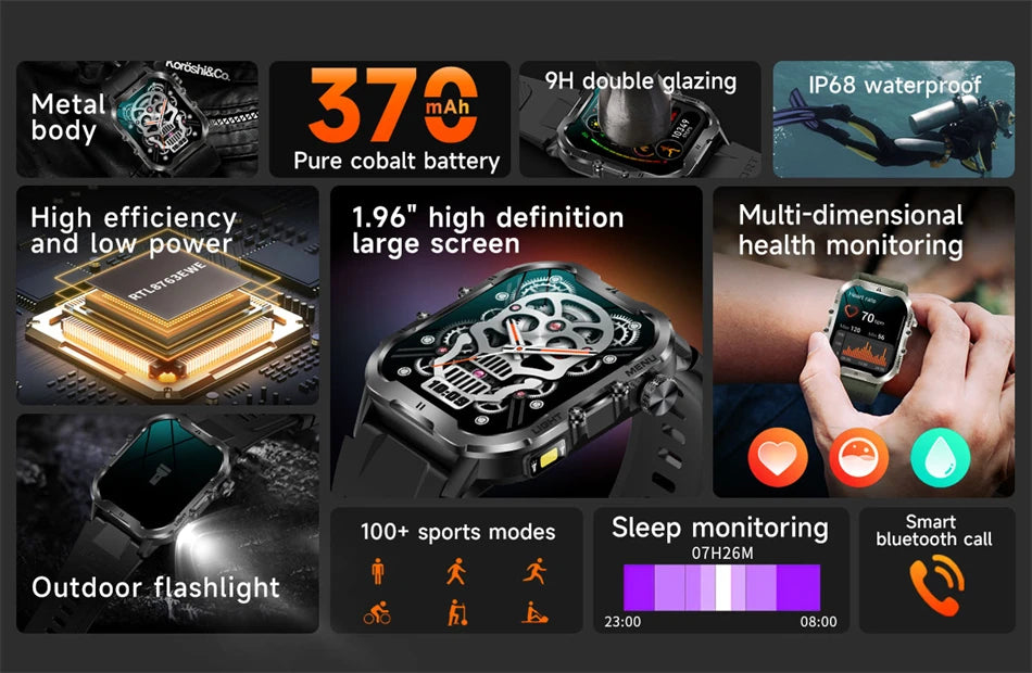 2024 New For Xiaomi Military Smart Watch Men Outdoor Sports Flashlight Fitness Watches Health Monitor 1.96" BT Call Smartwatch