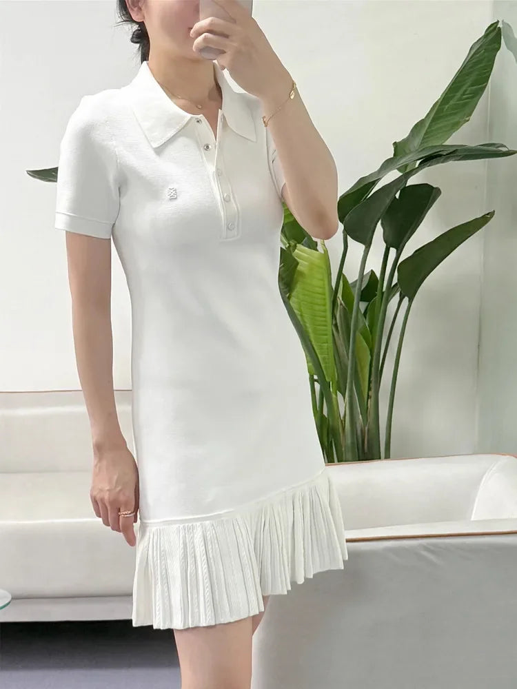 White or Black Women A-Line Knit Dress Slim Short Sleeve Front Letter Female Pleated Mini Robe 2025 New