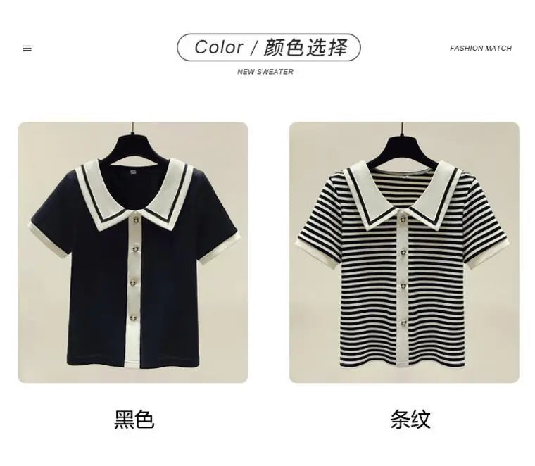 Summer Elegant Loose Polo-neck Knit Pullover Women Fashion Patchwork Button Short Sleeve T-shirt Office Lady Chic Tops 40-100Kg