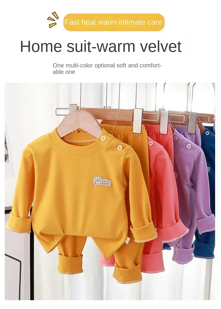 Warm Children's Clothing Spring and Autumn De Velvet Suit Boys Pajamas Girls Homewear Baby Underwear Kids Cartoon Bear Sleepwear