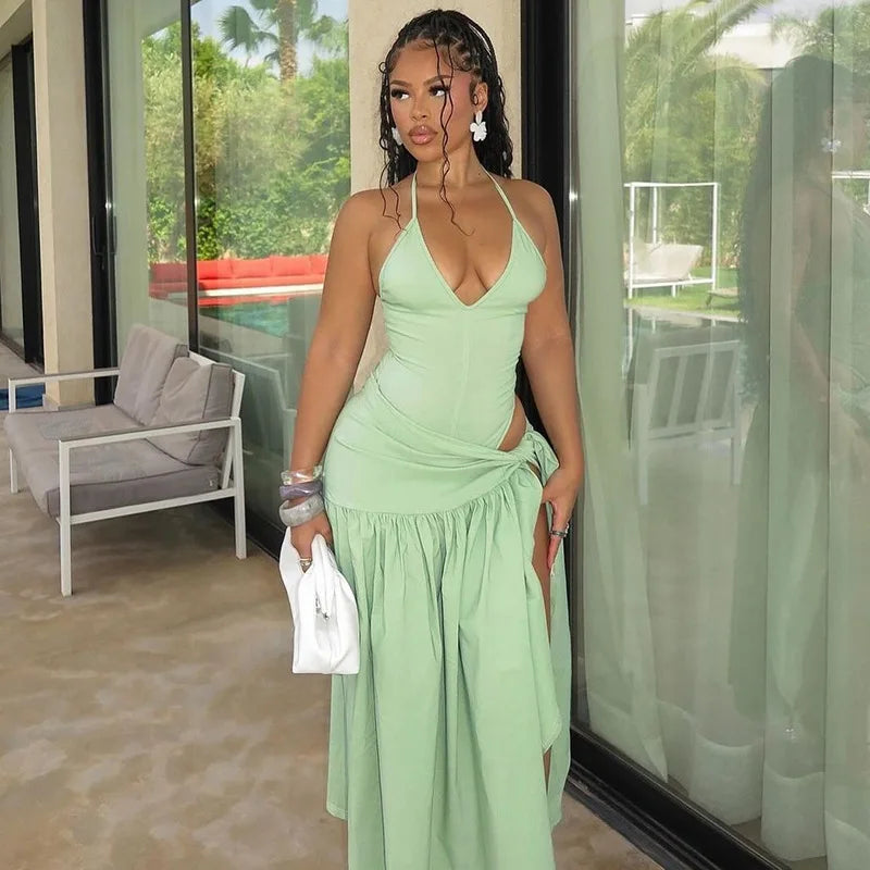 Women Sexy Cut Out Dress Sets Halter Deep V Neck Bodysuit and Tie Maxi Long Skirt Set 2025 Summer Two 2 Piece Vacation Outfits