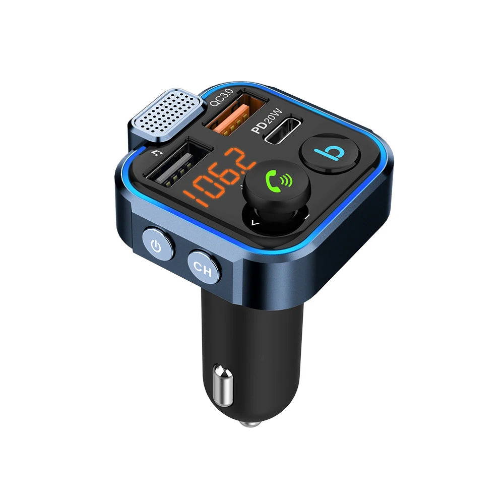 Car Bluetooth FM Transmitter PD Type-C Dual USB 4.8A Fast Charger Handsfree Radio Modulator MP3 Player Support TF card