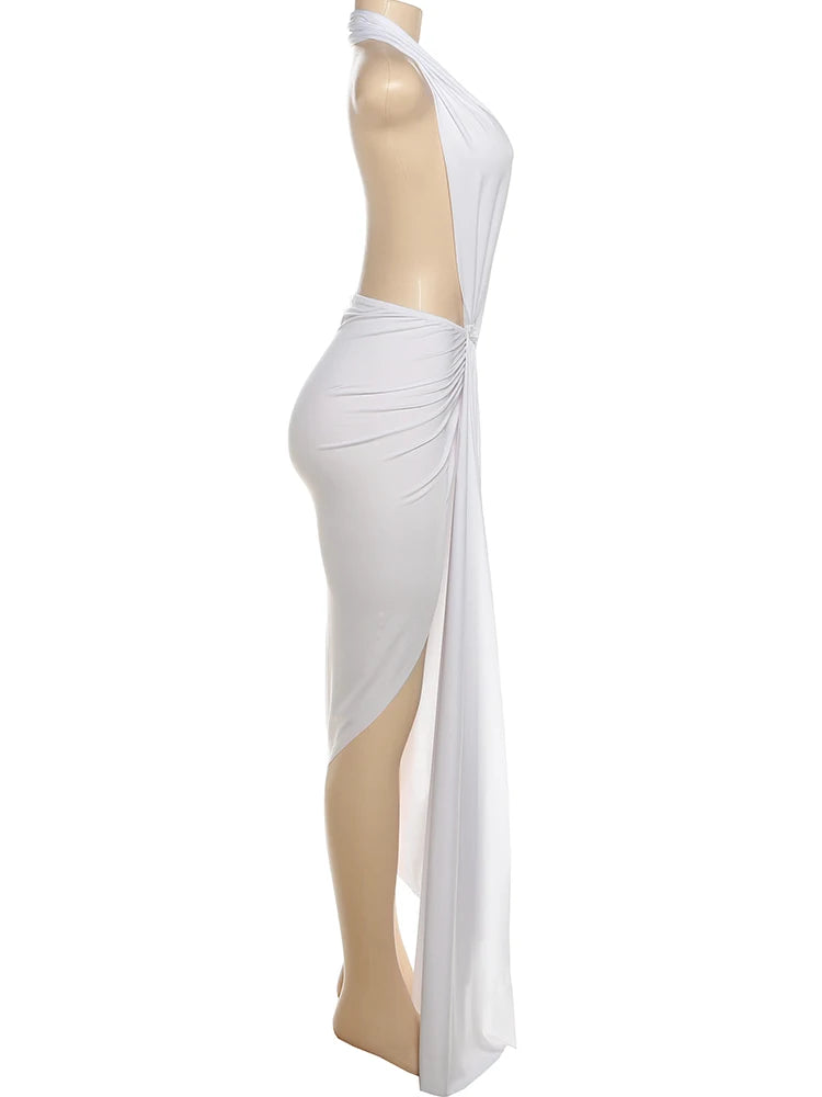 Nibber Irregular Hem Women Maxi Dress High Split Halter Deep V-neck Backless Folds Sexy Midnight Hipster Wild Clubwear Vestidos