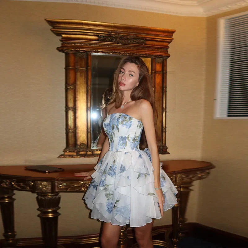 Chic Elegant Floral Printed Mini Dress Women Backless Sleeveless A Line Strapless Robes Pleated Hem Party Vestidos Lady Clorhing