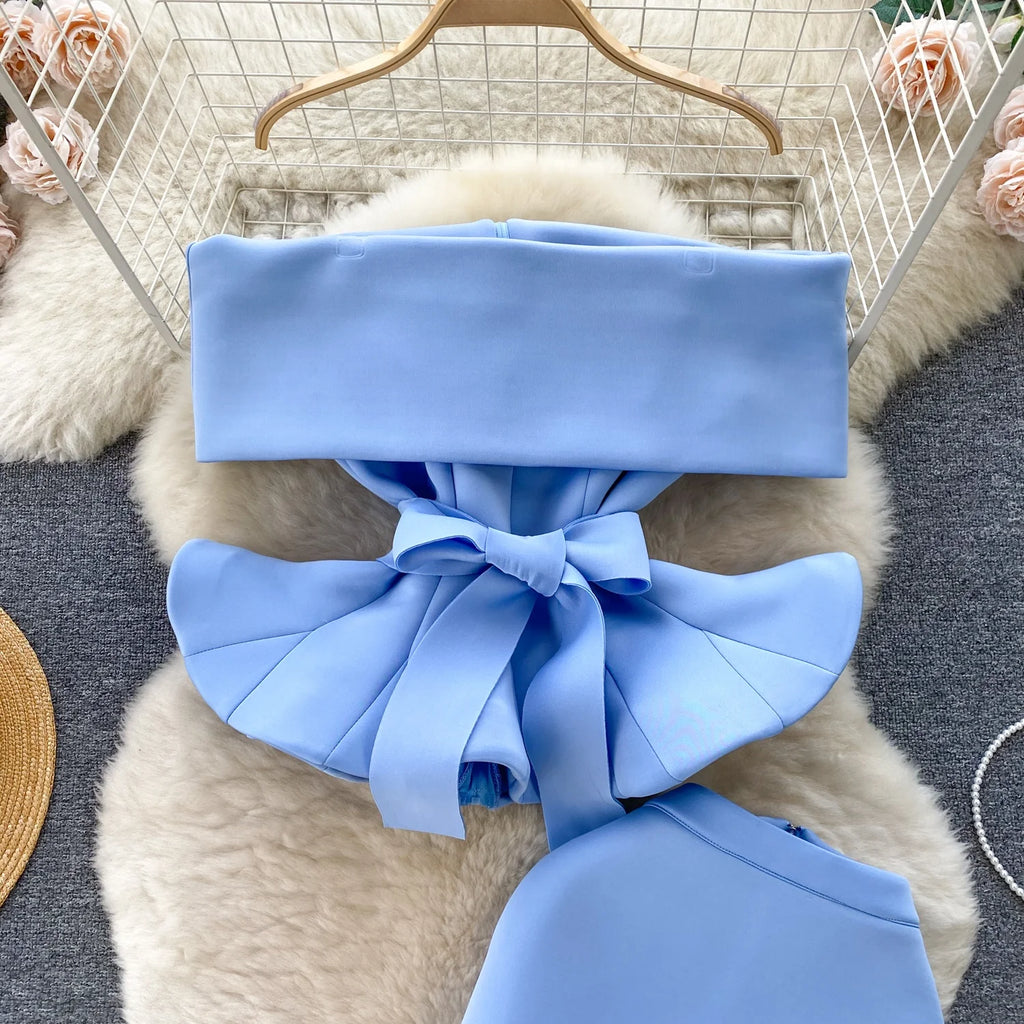 Sexy One-oulder Banded Waist Gown Set with Pleated Skirt Two-Piece Ensemble Courtly Sle Versatile Top f-length A-Line ...