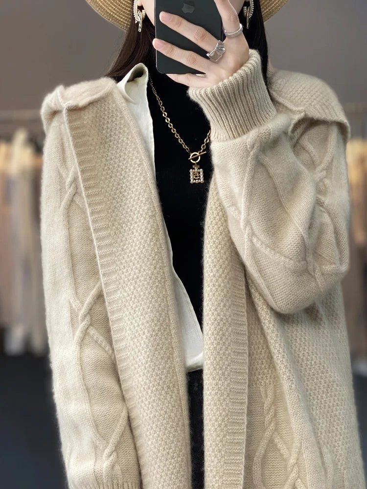 Autumn Winter 100% Merino Wool Women's Cardigan Long Sleeve Sweater Coat Loose Warm Cashmere Knitwear Fashion Female Long Coat