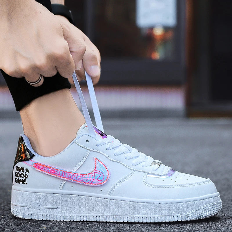 Aj1 Men's Air Force One Men's Shoes Video Game Pixel White Laser Joint Low-Top Sneakers Casual White Shoes