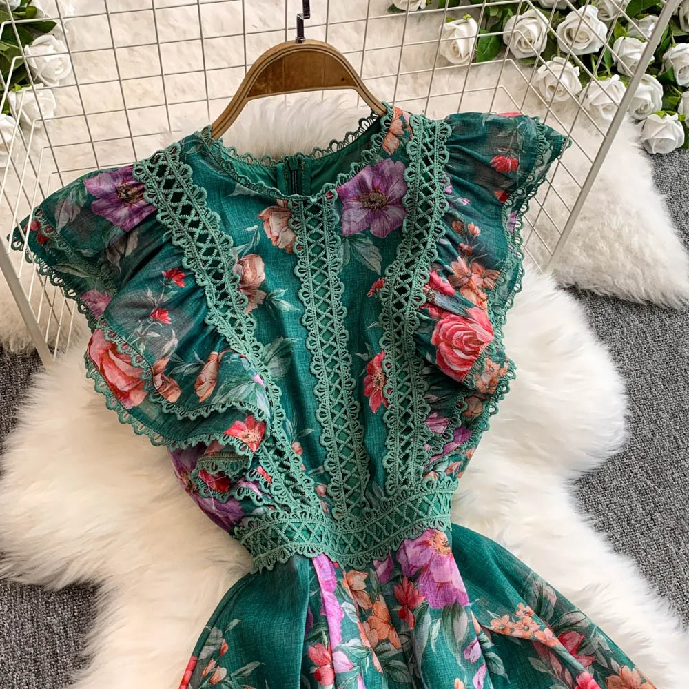 Ele Lace Splice Waist Cinching Long Dr Korean Sle Print Blouse Svel Midi Skirt High Waist A-Line Silhouette