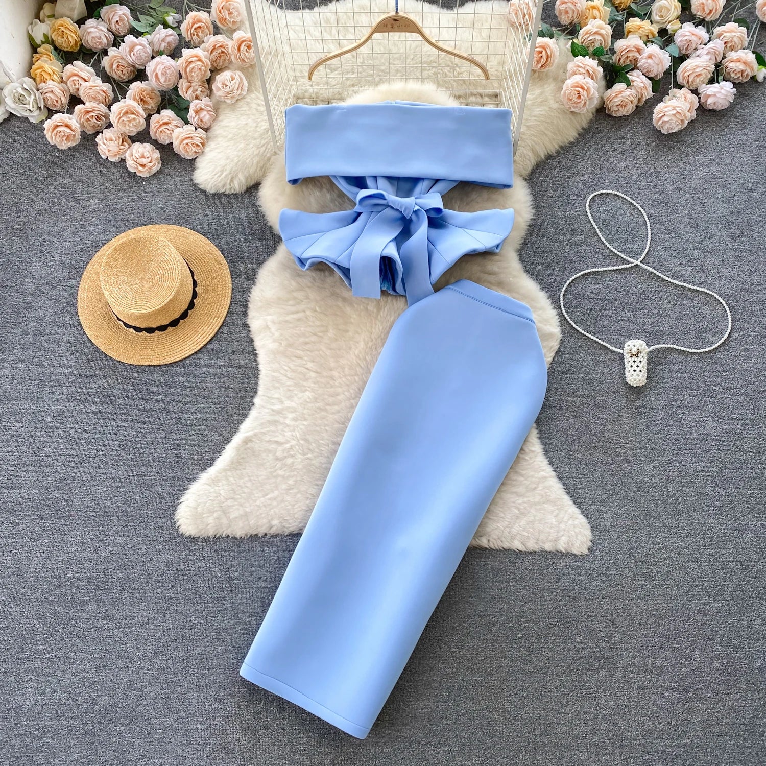 Sexy One-oulder Banded Waist Gown Set with Pleated Skirt Two-Piece Ensemble Courtly Sle Versatile Top f-length A-Line ...