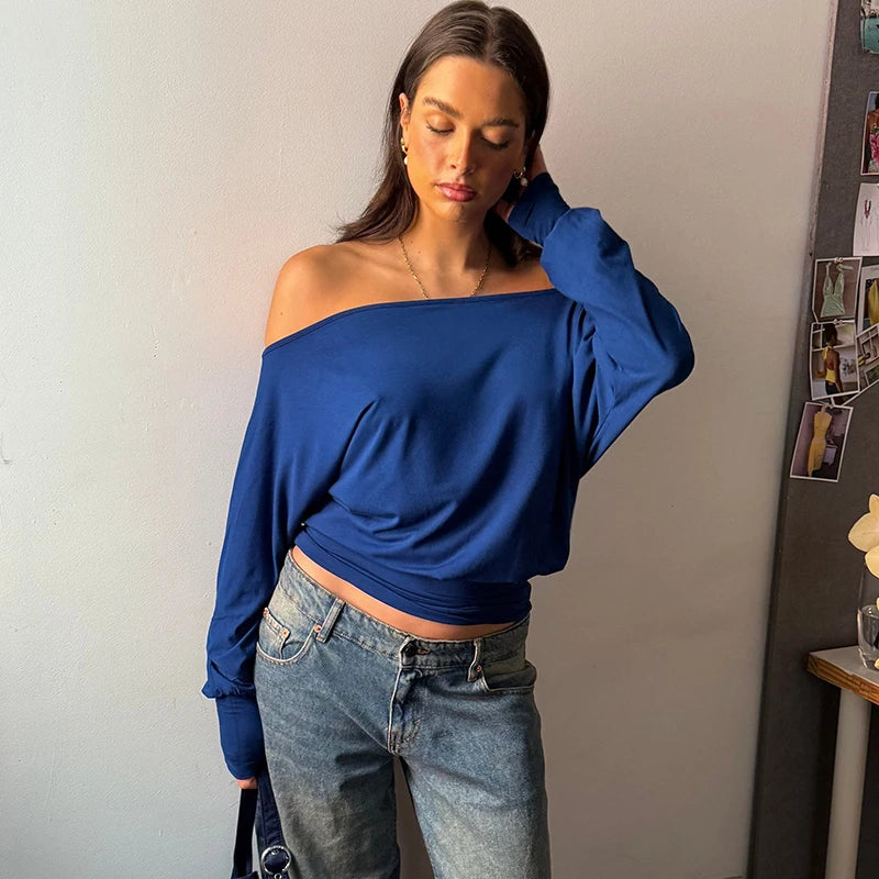 Oniflyme Inclined Shoulder Long Sleeve Crop Tops Women Fashion Streetwear Solid Off Shoulder Casual T-shirts Female Sexy Tee Top