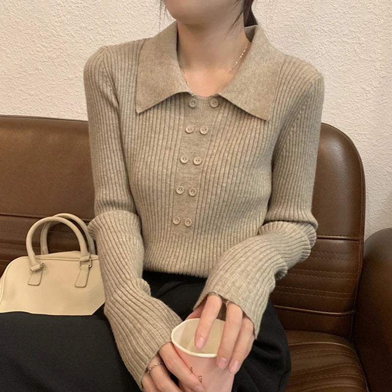 Turn-Down Collar Ribbed Pullover Sweater Women Autumn Winter Slim Long Sleeve Soft Warm Sweaters Ladies Knitted Tops