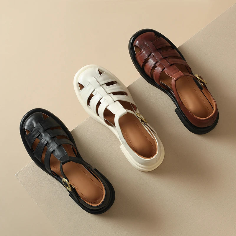 New Summer Sandals Genuine Leather Luxury Roman Sandals Casual Buckle Strap Summer Shoes GLADIATOR Thick Heel Women Shoes