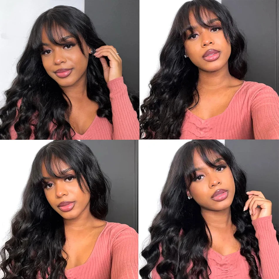 Body Wave Human Hair Wigs With Bangs Peruvian Cheap Glueless Wigs On Sale Clearance Full Machine Made Wig With Bangs For Woman