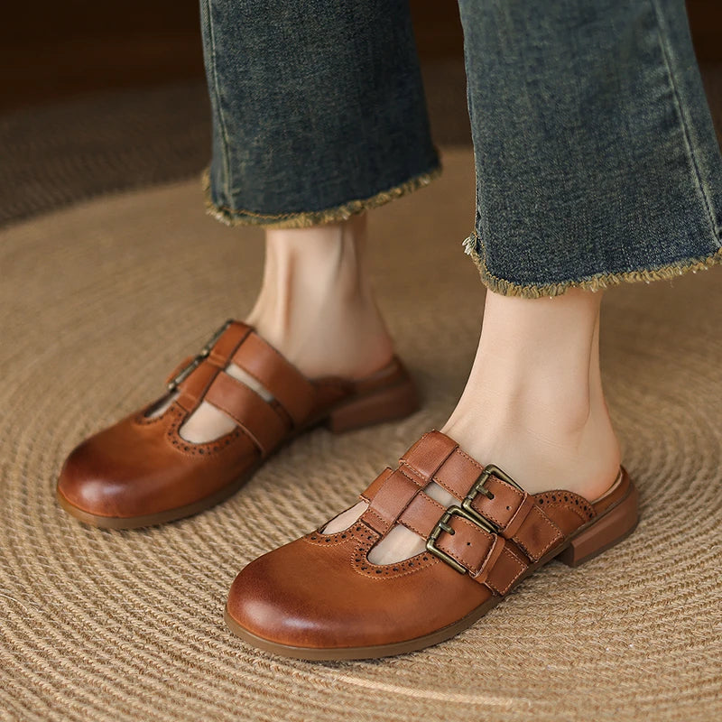 New Fashion Sandal Women Pumps Shoes Sexy Slingback Heels Retro Leather Party Casual Summer Round Toe Shoes Mueller Slippers