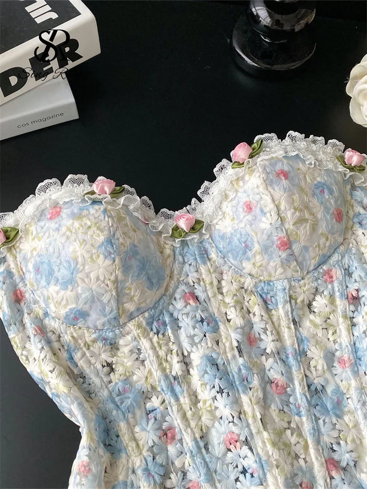 SINGREINY INS Strapless 3D Floral Camisole 2025 Summer Corset Slim Backless Tank Top Sheer Lace Up Holiday Sexy Embroidery Top