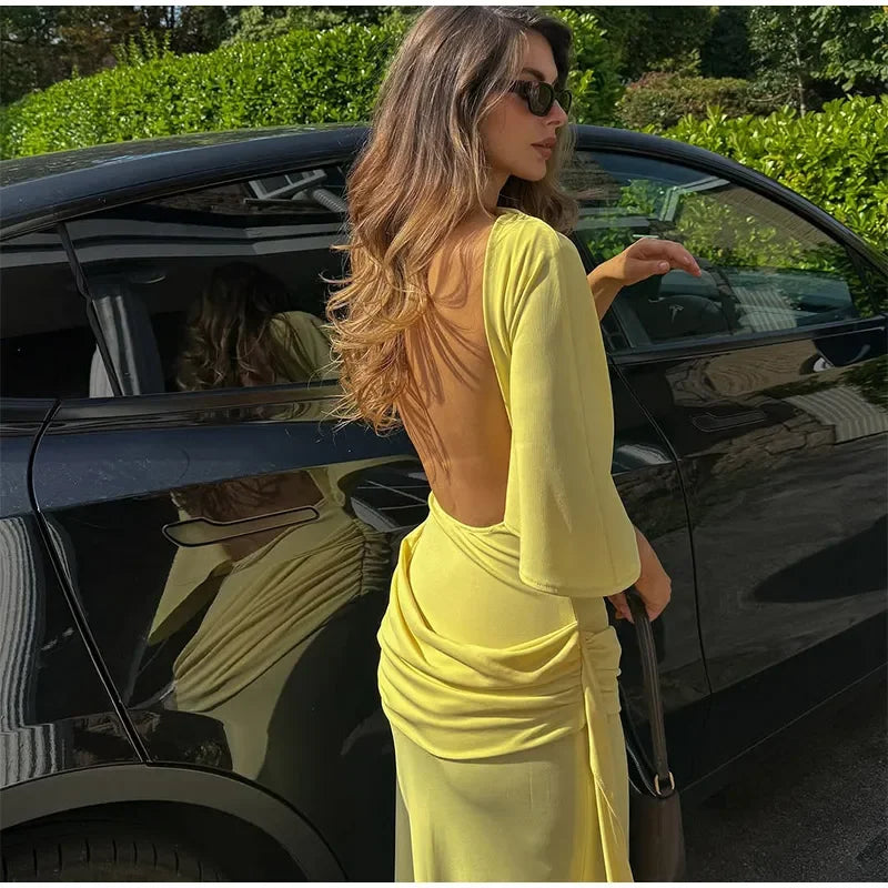 Irregular Yellow Backless Maxi Dress Women's Elegant Half Sleeve Split Slim Fit Pleated Robes 2025 Lady Evening Party Gowns New